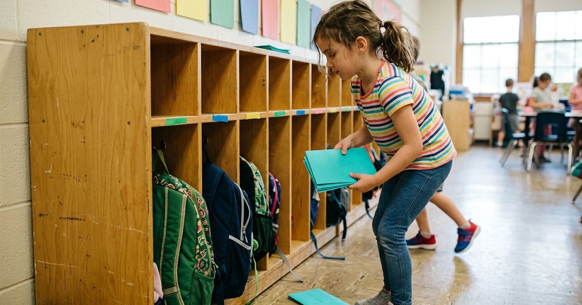 First grader tucking teal birthday party envelopes into classroom cubbies on a school morning