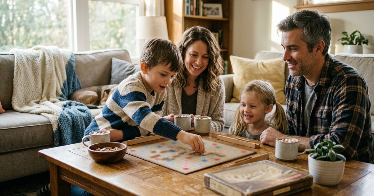 Family playing a letter-tile word game at a coffee table on a weekend afternoon