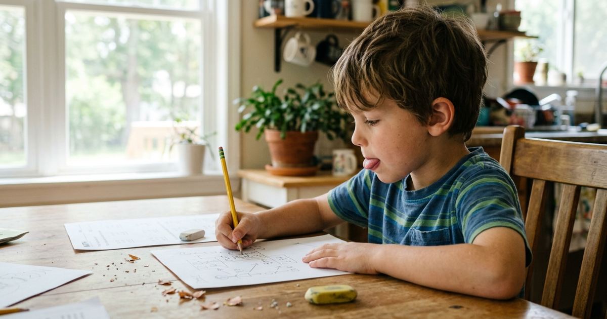 Child drawing a picture to solve a math word problem, tongue out in concentration