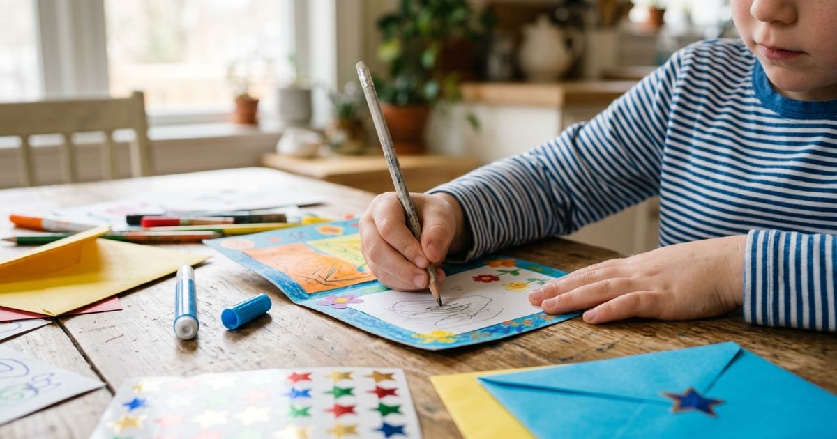 Child's hand writing a colorful thank-you card with envelopes and stickers scattered on the table