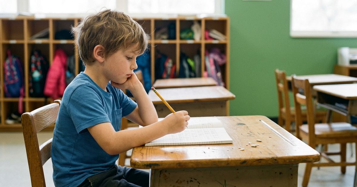 Second grader at a classroom desk with a pencil over a half-filled page of lined paper, chin on his hand