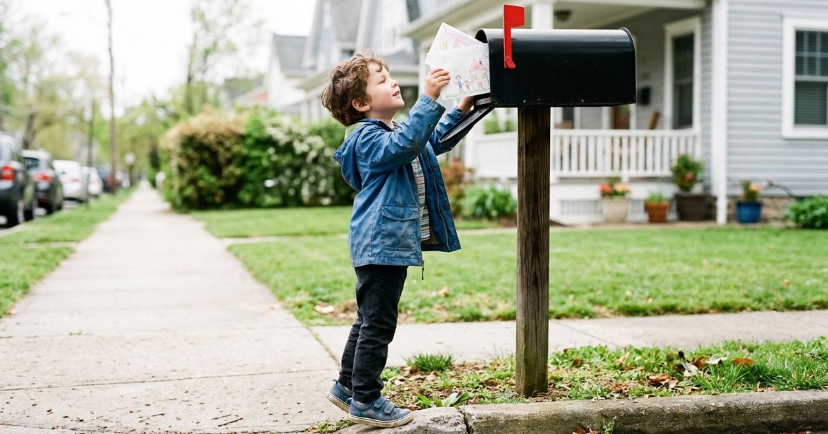 Young boy on tiptoe putting a hand-drawn letter into a curbside mailbox