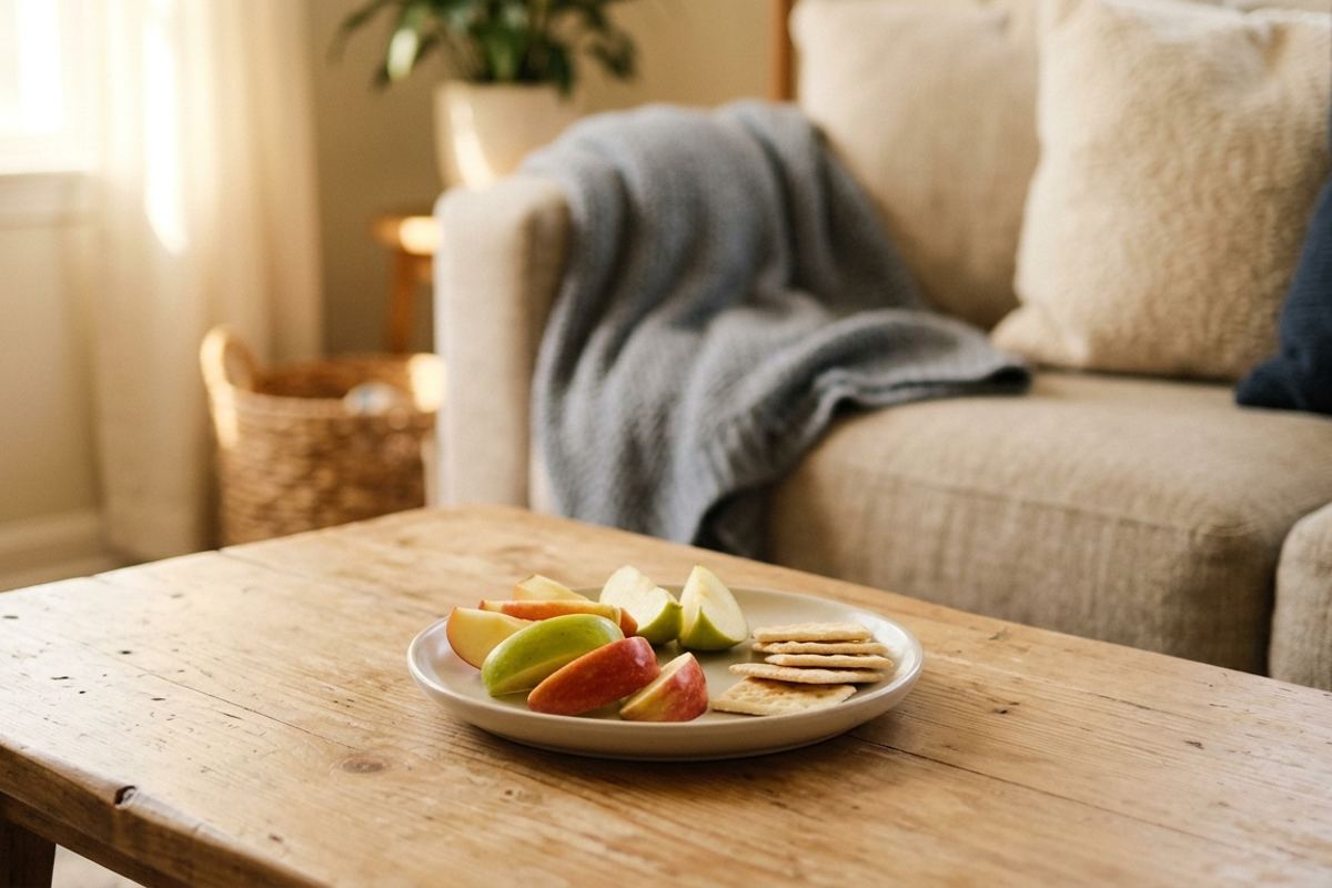 Untouched apple and crackers on a small plate on the coffee table after school