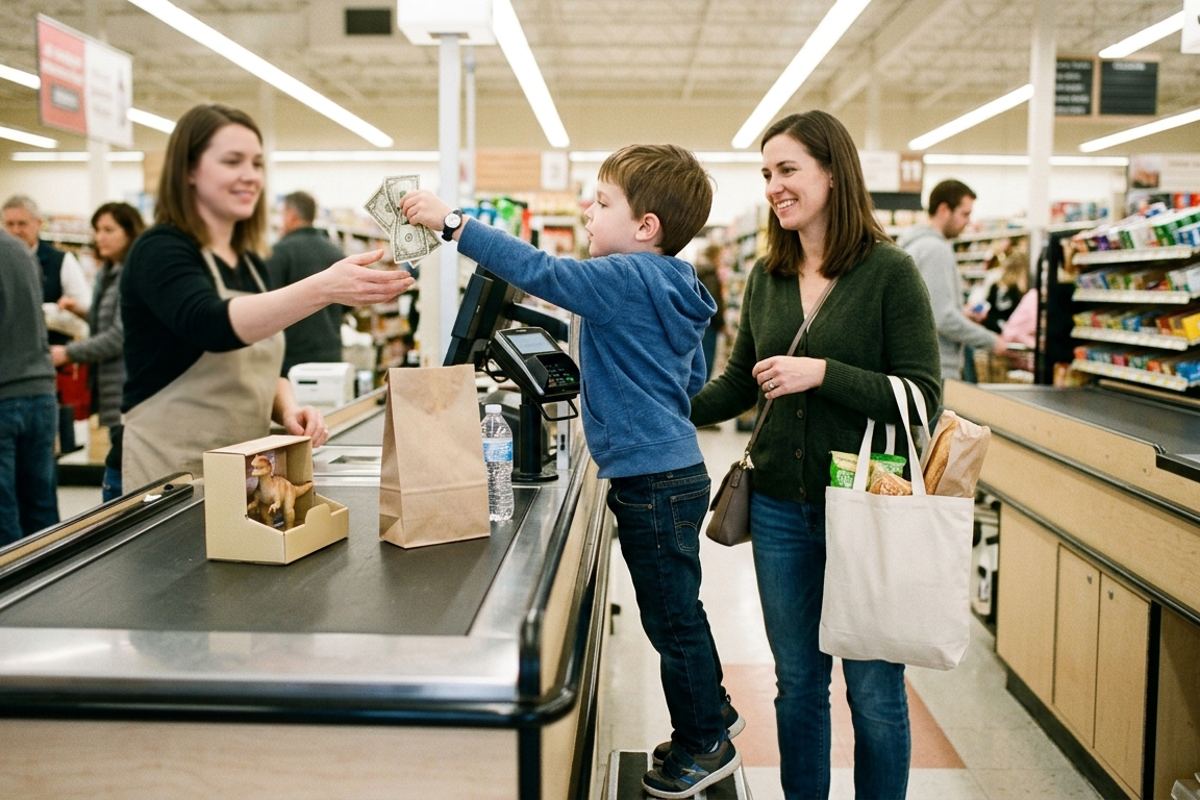 Kid handing bills to a cashier for a small toy while a parent waits behind