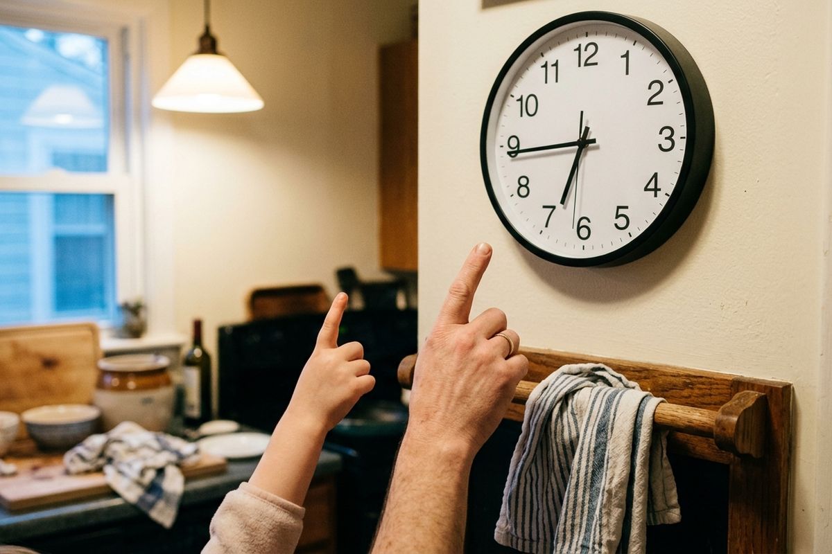 A child's hand and a parent's hand pointing at a plain analog kitchen wall clock showing quarter to seven