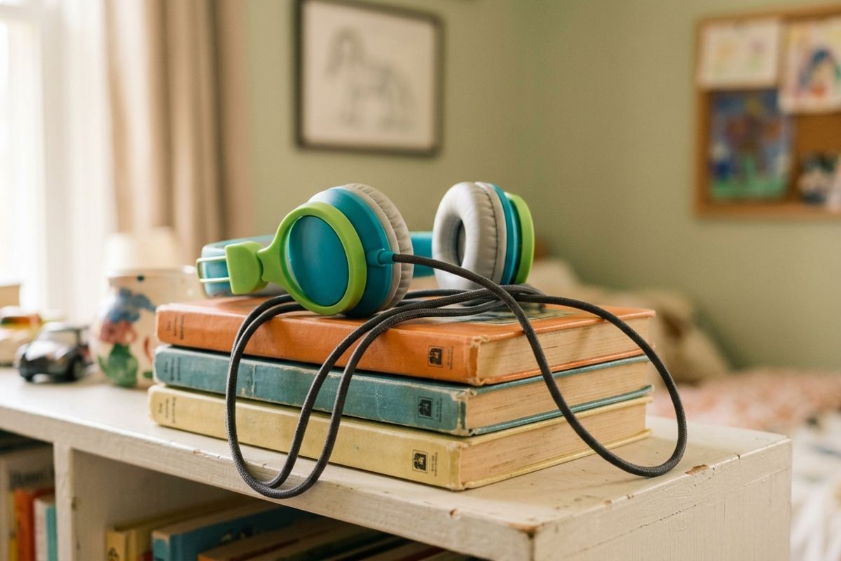 Headphones resting on a stack of chapter books on a bedroom shelf