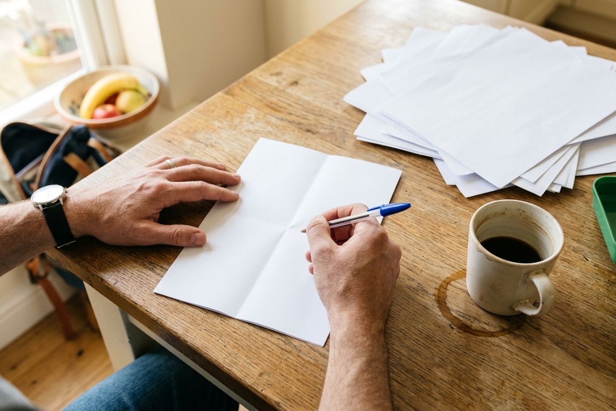 Parent's hands with a pen over a folded sheet of paper at a kitchen table, school papers and a lunchbox nearby