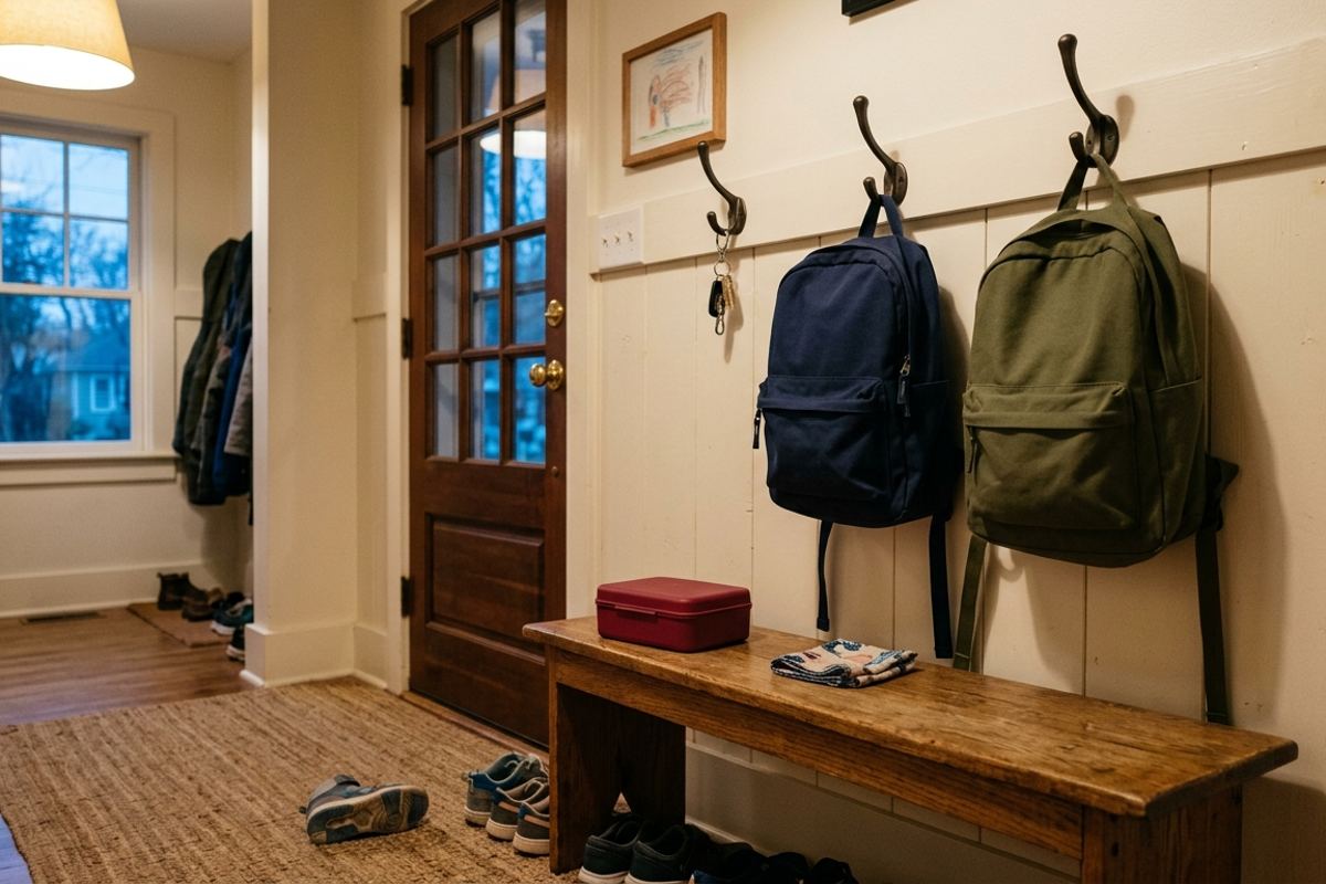 Two backpacks on wall hooks and a lunchbox on a bench, prepped the evening before school