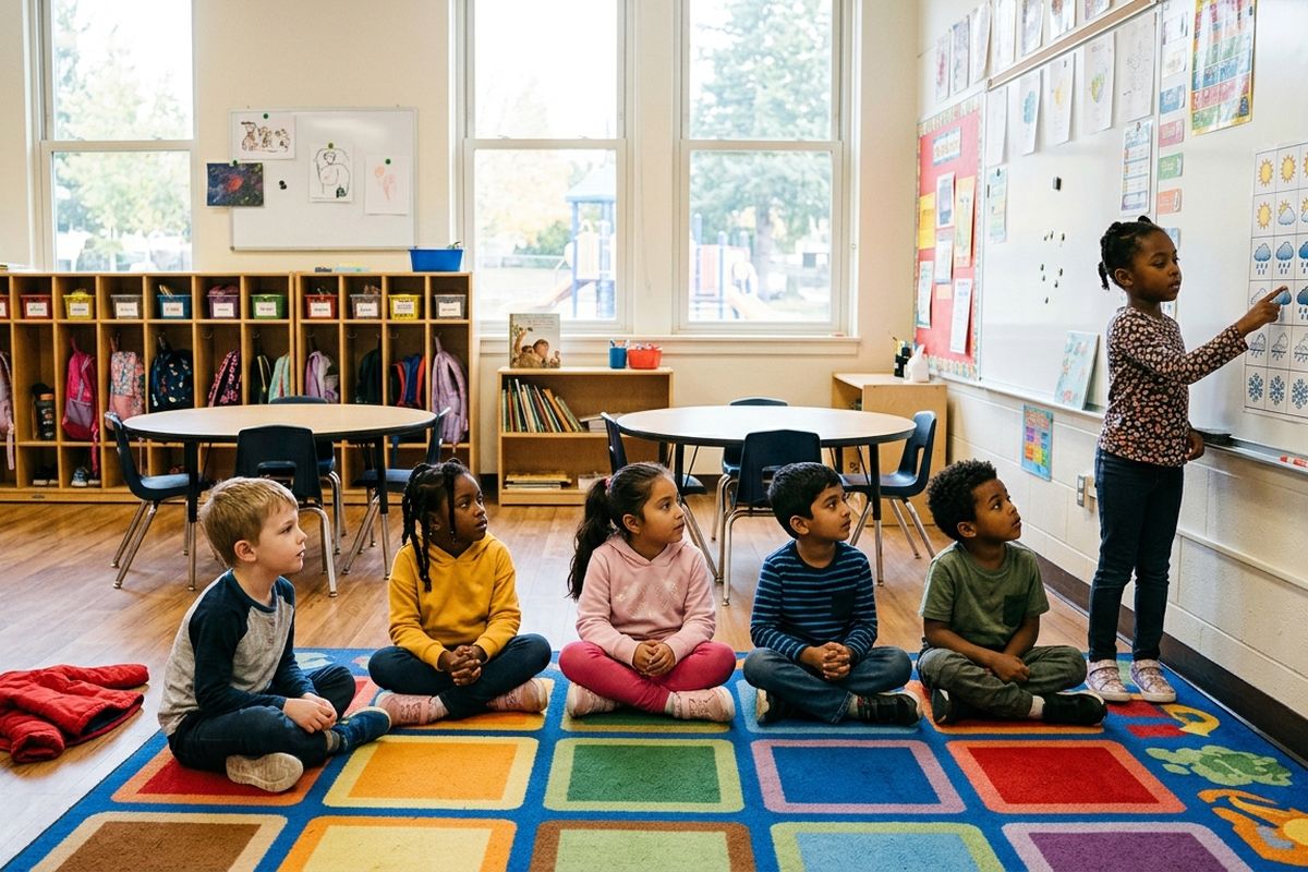First graders sitting on a classroom rug while one child points at a wall chart of weather symbols