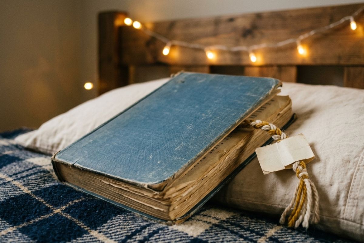 Dog-eared chapter book with a homemade paper bookmark resting on a pillow under soft string lights