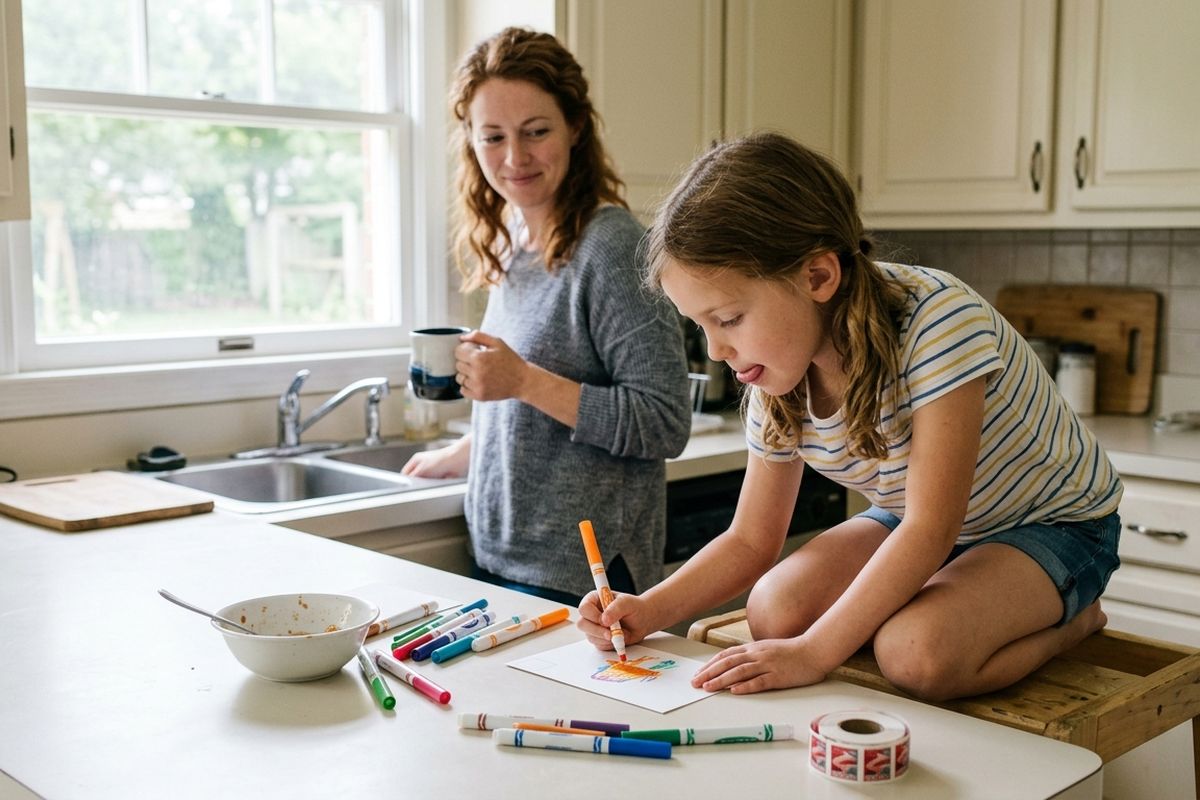 Child at a kitchen counter on a weekend morning drawing a postcard for a friend while a parent stands nearby with coffee
