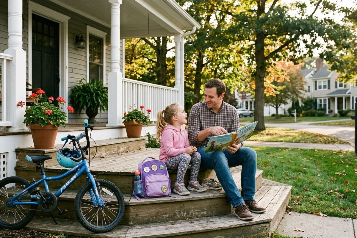 Father and young daughter reading a picture book together on the front steps after school