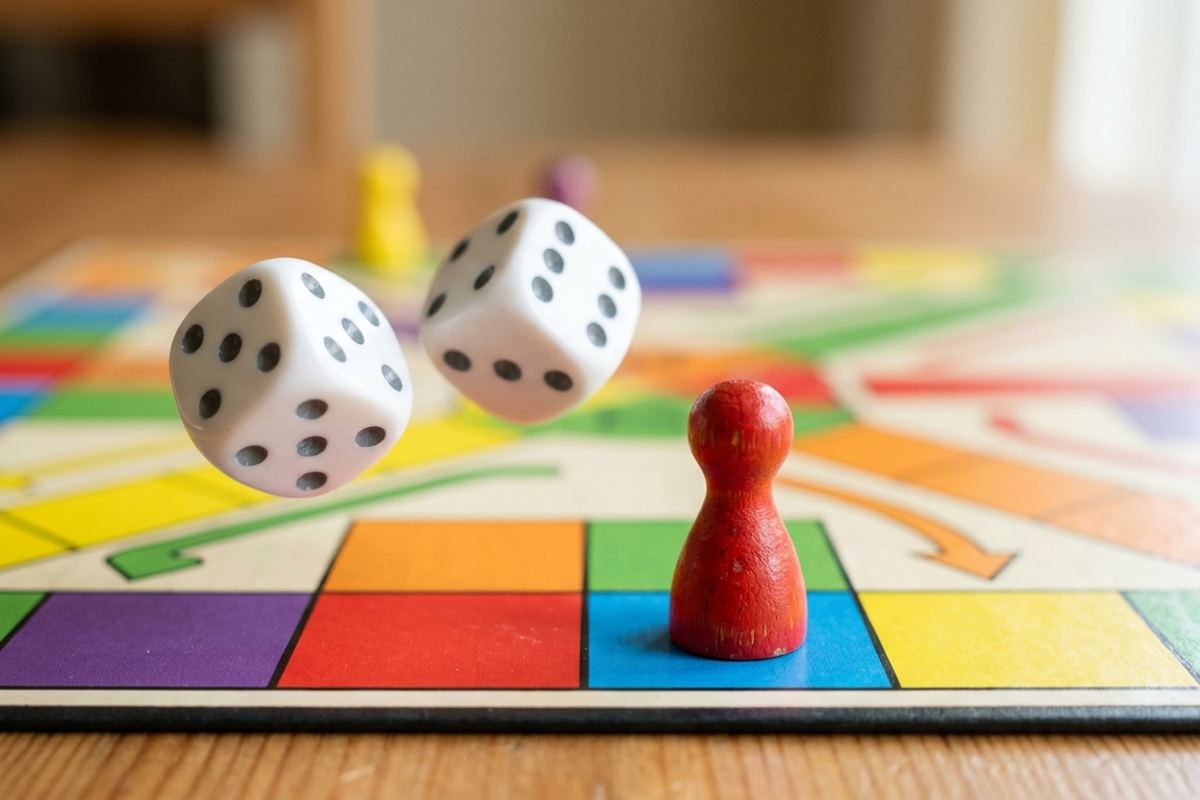 Two dice mid-roll next to a pawn on a colorful game board