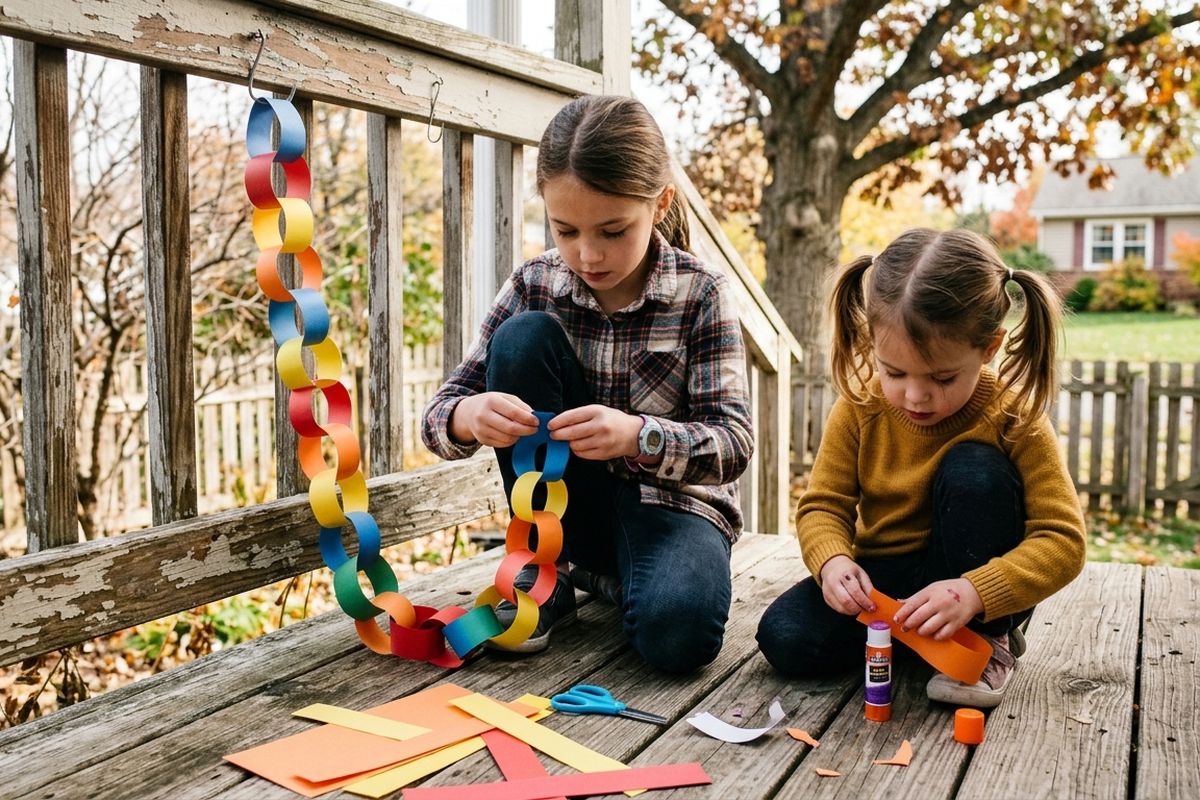 Two kids on a back porch adding paper links to a countdown chain hanging from the railing