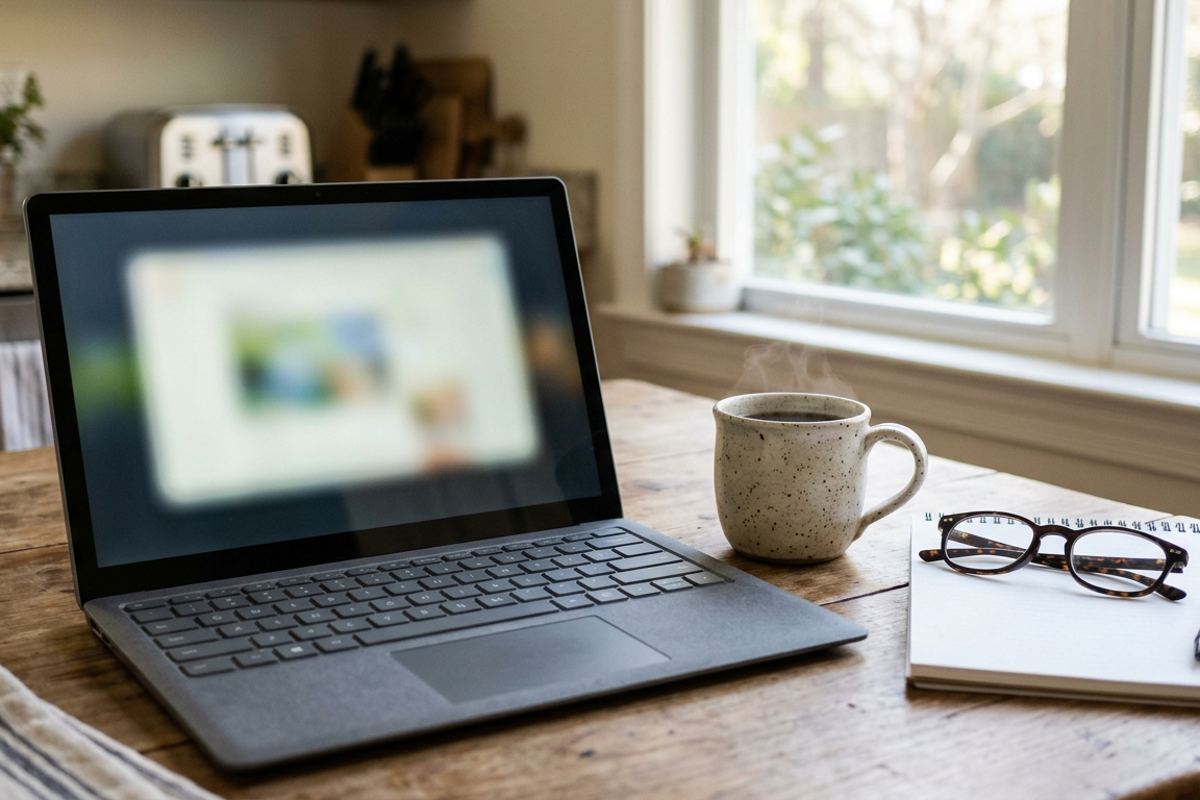 Laptop on a kitchen counter with a teacher's email open on screen next to a coffee mug in the morning