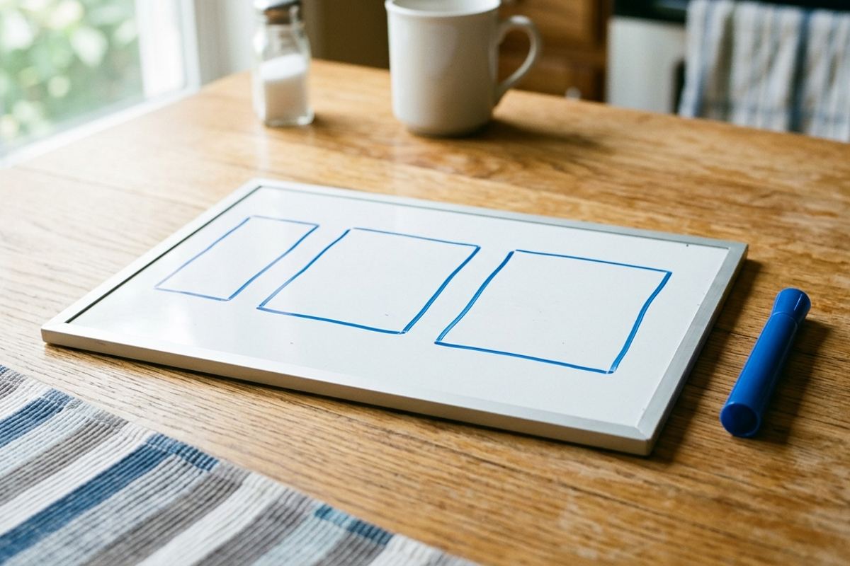 Small whiteboard with three word boxes drawn and a marker beside it