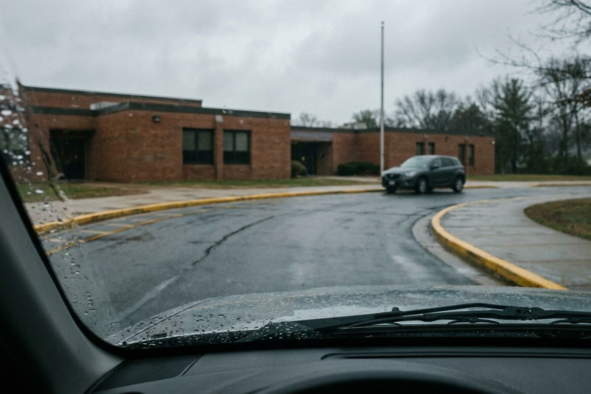 Empty school drop-off loop seen through a car windshield on a gray morning
