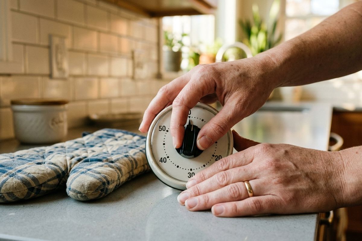 Analog kitchen timer being turned next to an oven mitt