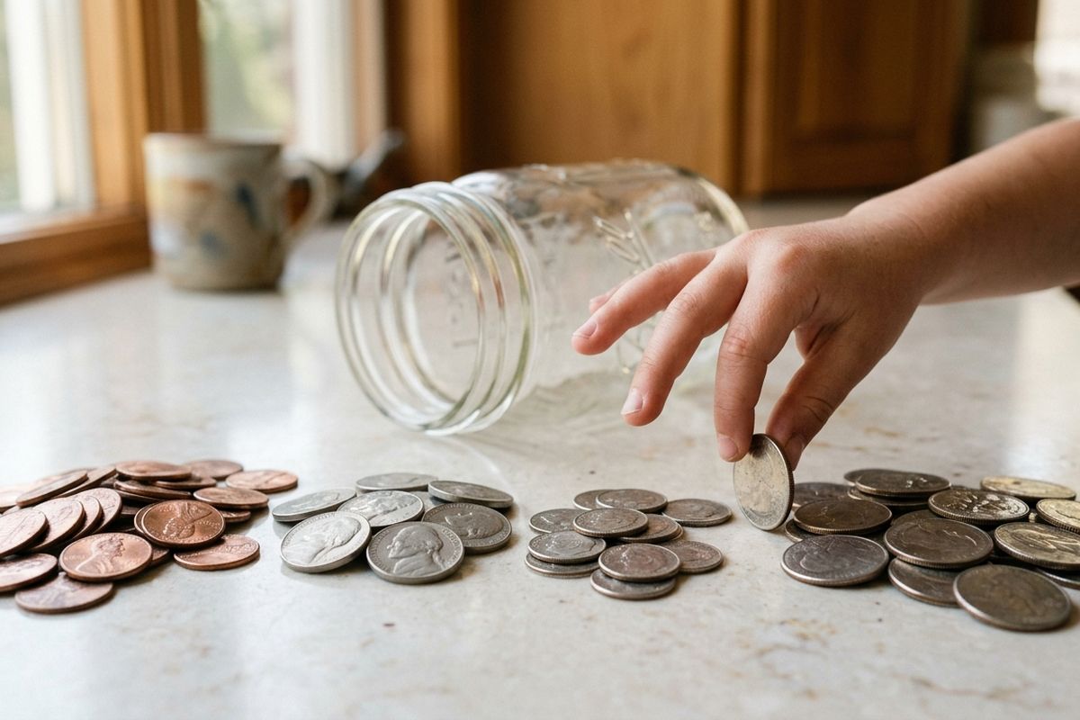 Coins sorted into small piles of pennies, nickels, dimes and quarters on a kitchen counter beside a glass jar