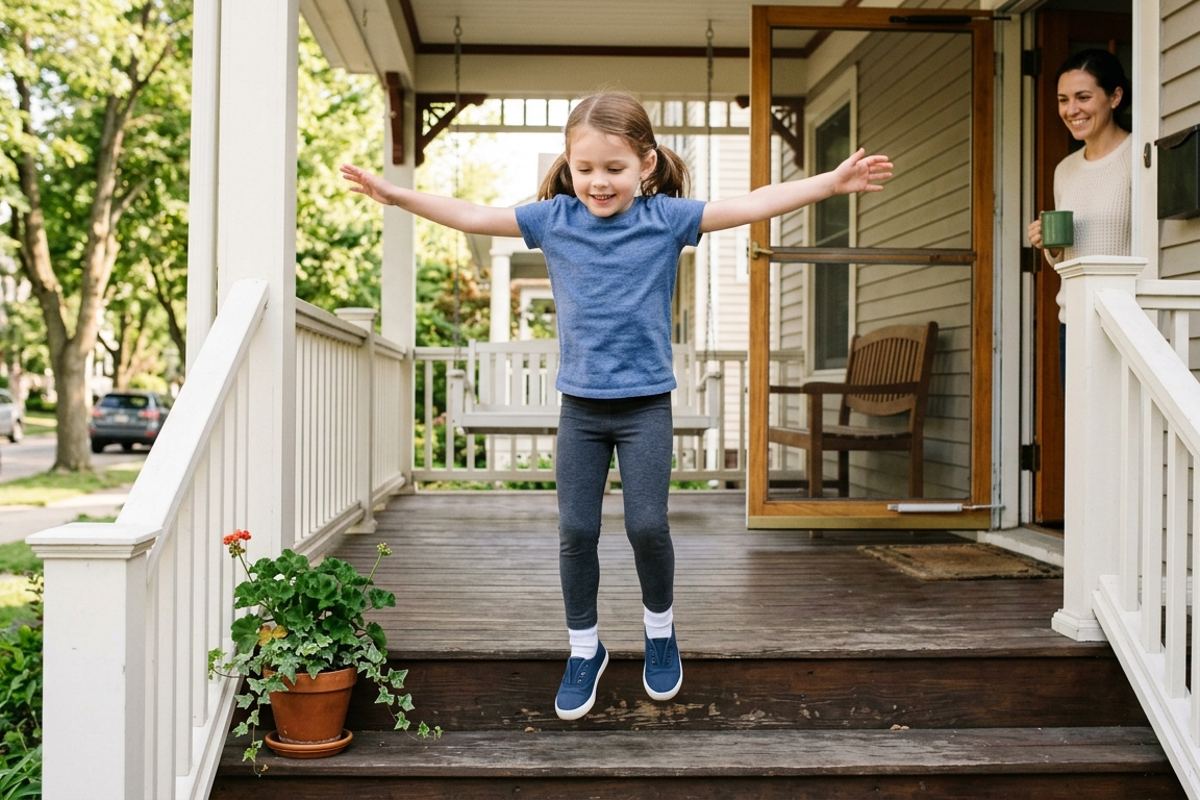 Kindergartner counting steps out loud while hopping up porch stairs