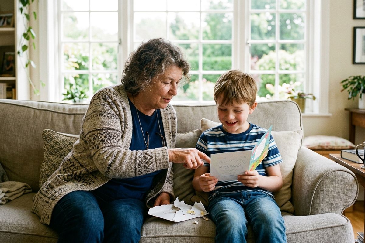 A grandmother and her grandson on a couch, her finger tracing a line of handwriting on a birthday card he is holding
