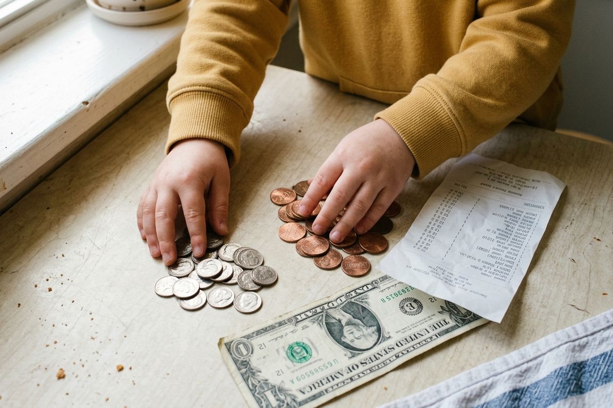 Child's hands sorting dimes and pennies into two small piles next to a grocery receipt on a counter