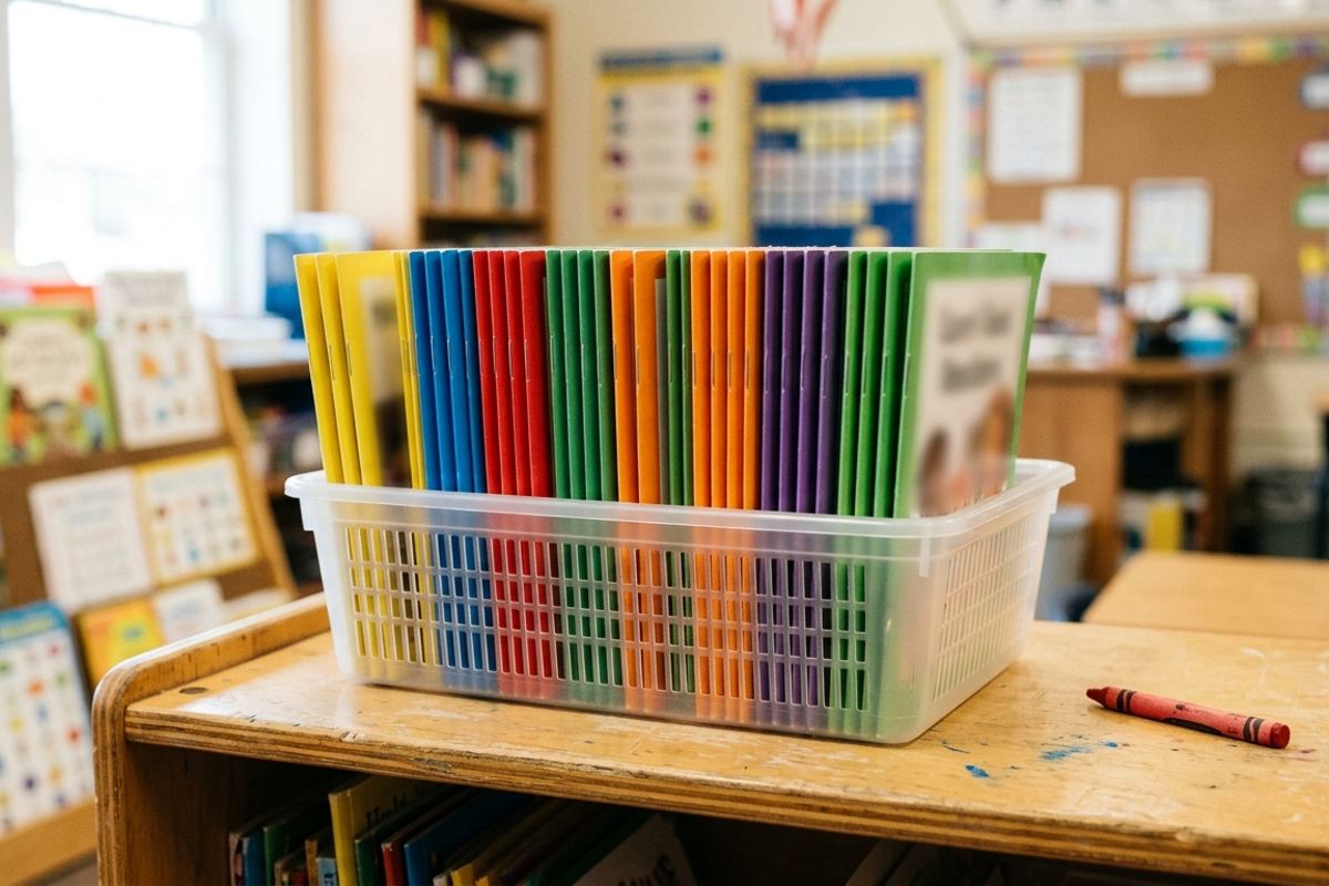 Basket of thin beginner readers with plain colored spines on a low classroom shelf
