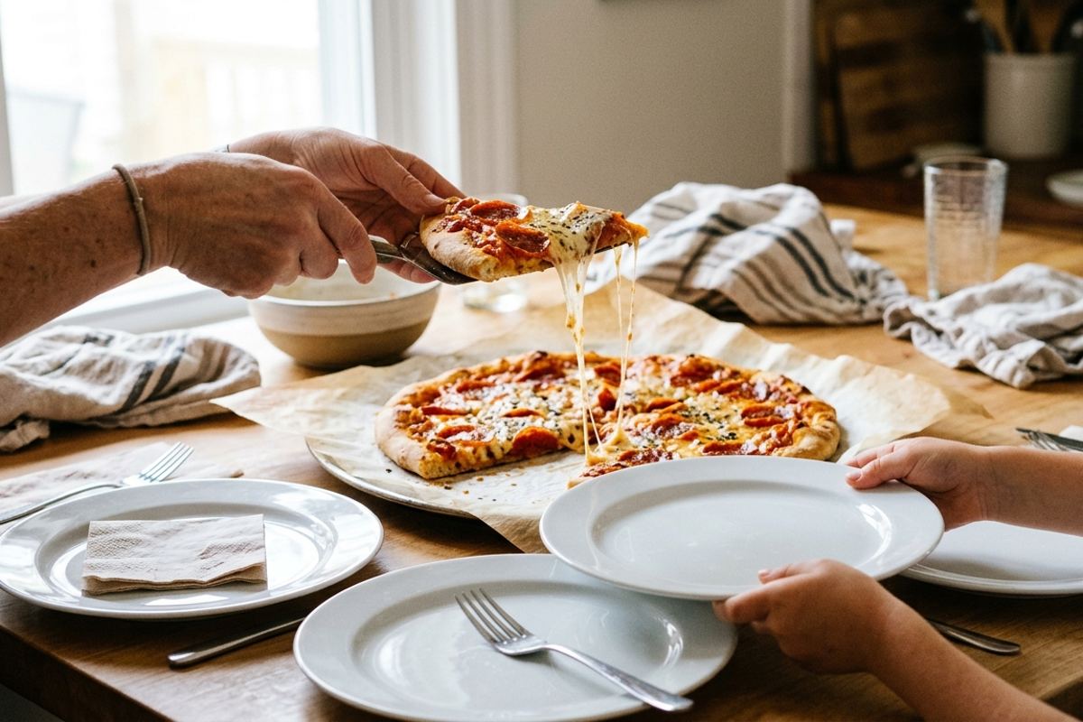 Pizza slices being lifted onto four plates at the kitchen counter