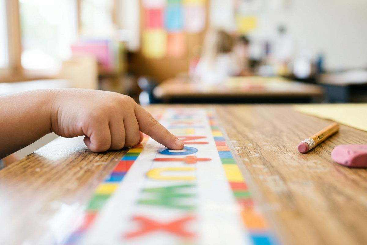 Alphabet strip taped to a desk edge with a child's finger resting on one letter