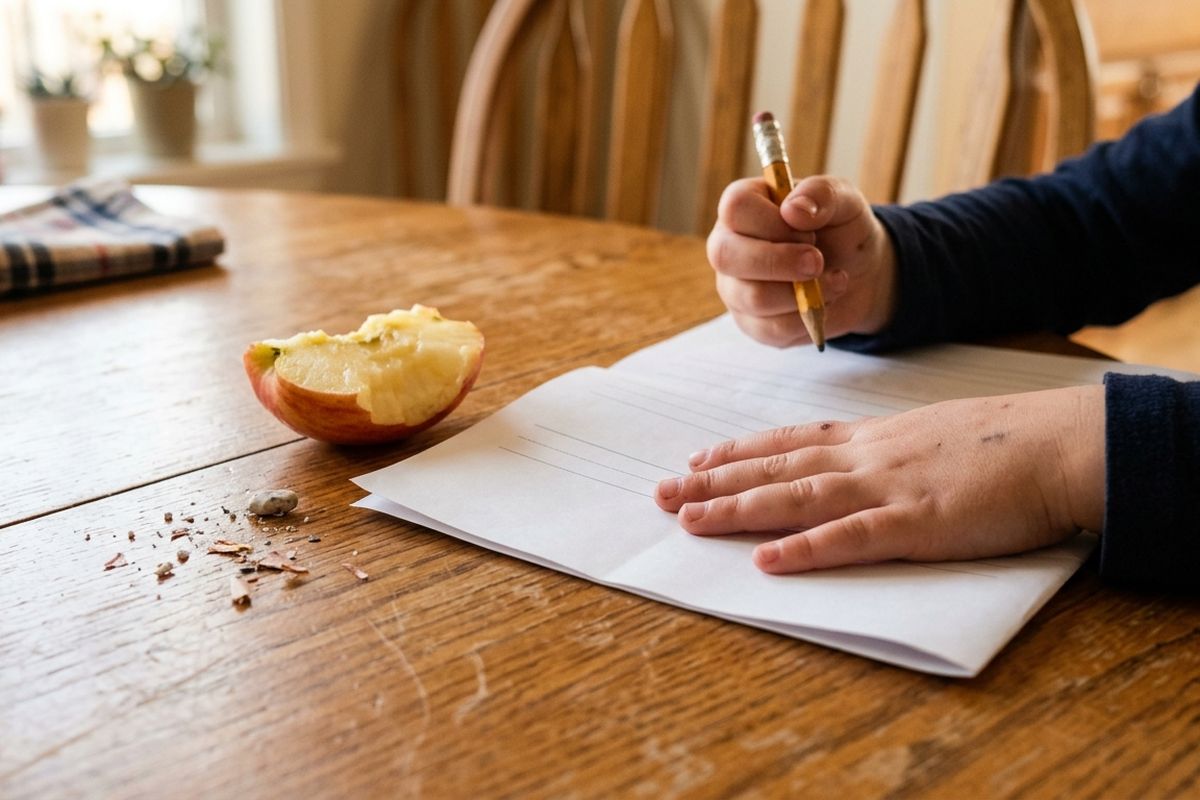 Child's hands at a dining table holding a pencil over a homework page folded in half, eraser crumbs and an apple slice nearby