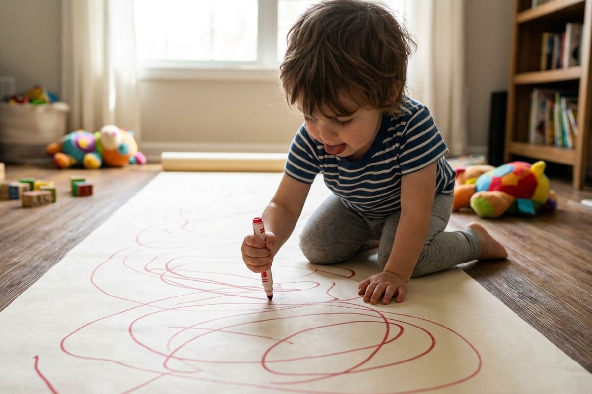 Preschooler gripping a marker with a full fist, making big loops on butcher paper