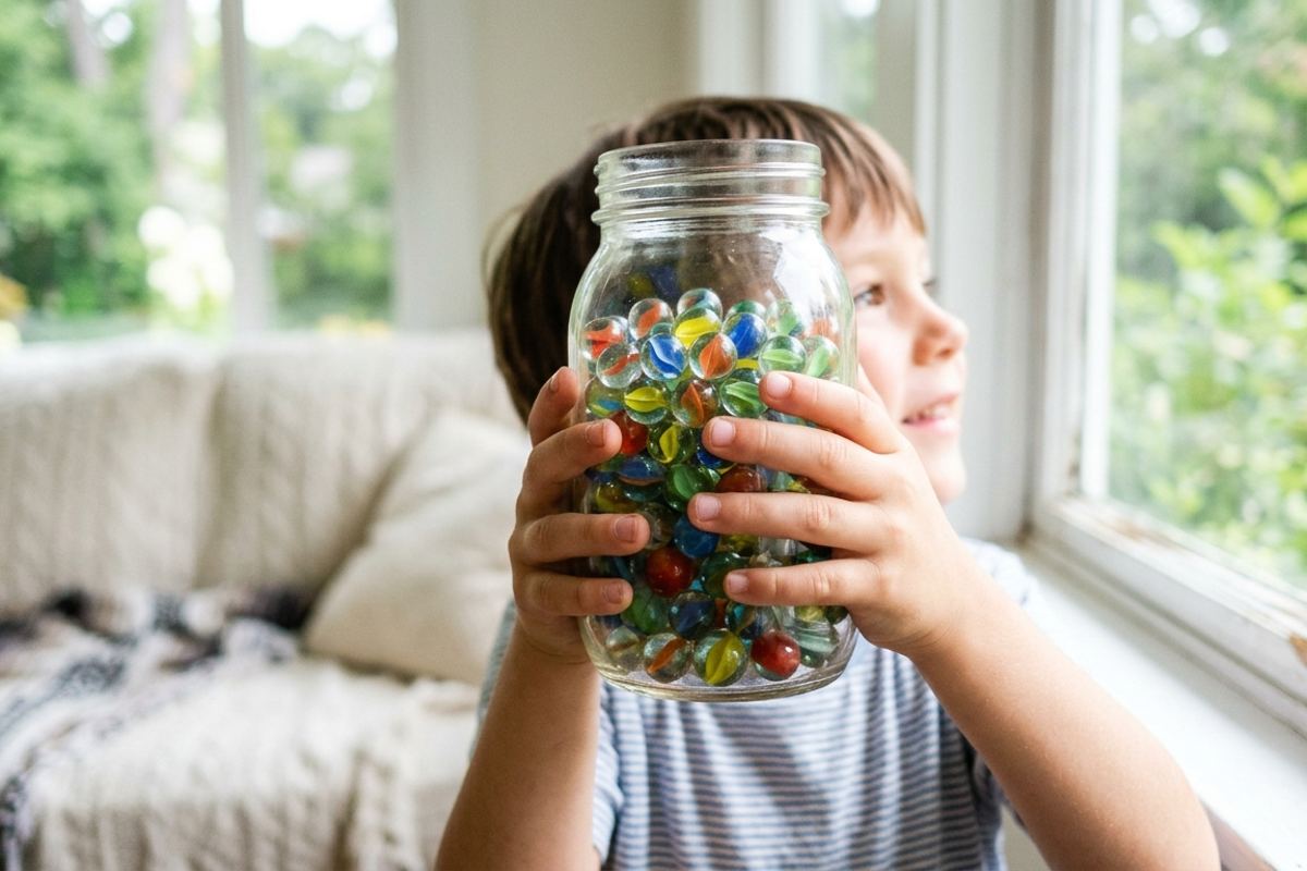 Child holding a jar of marbles up to eye level by a window