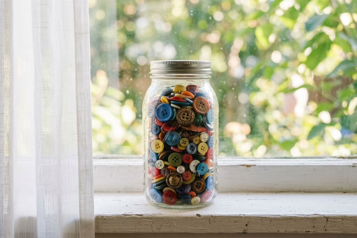 Mason jar filled with mixed buttons on a windowsill