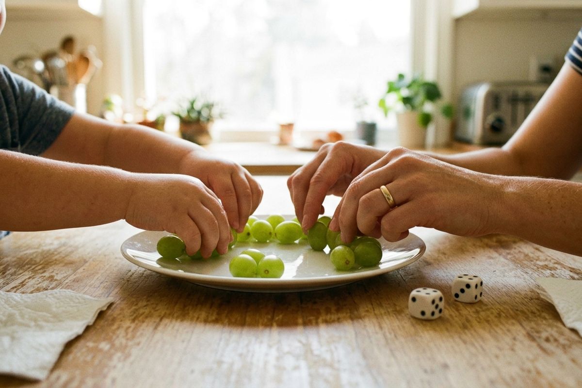 A child's hands and a parent's hands pairing up grapes on a plate at a kitchen table, two dice beside it