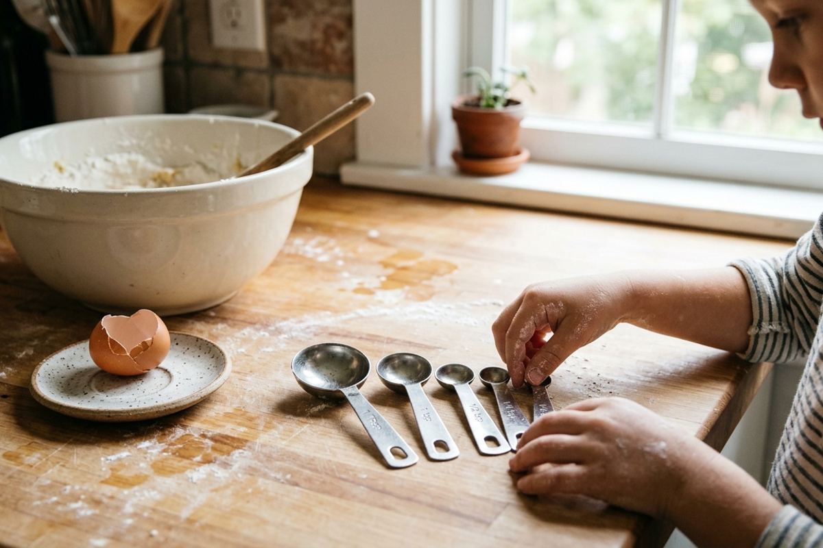 Kid's hands lining up measuring spoons from big to small on a messy baking counter