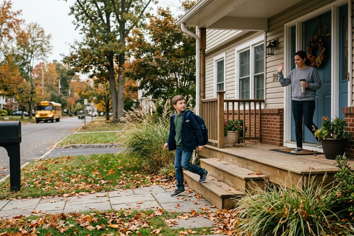 Boy heading out the front door with his backpack the morning after a bad grade, his mother in the doorway
