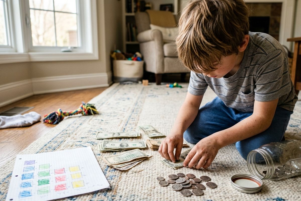 Child sorting dollar bills and coins into piles on a living room rug next to a clear savings jar