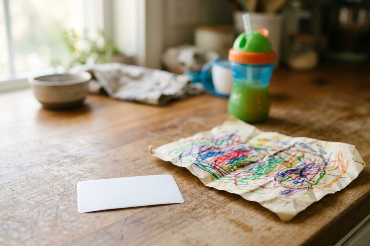 Name tag sticker and a crumpled first-day drawing on a kitchen counter