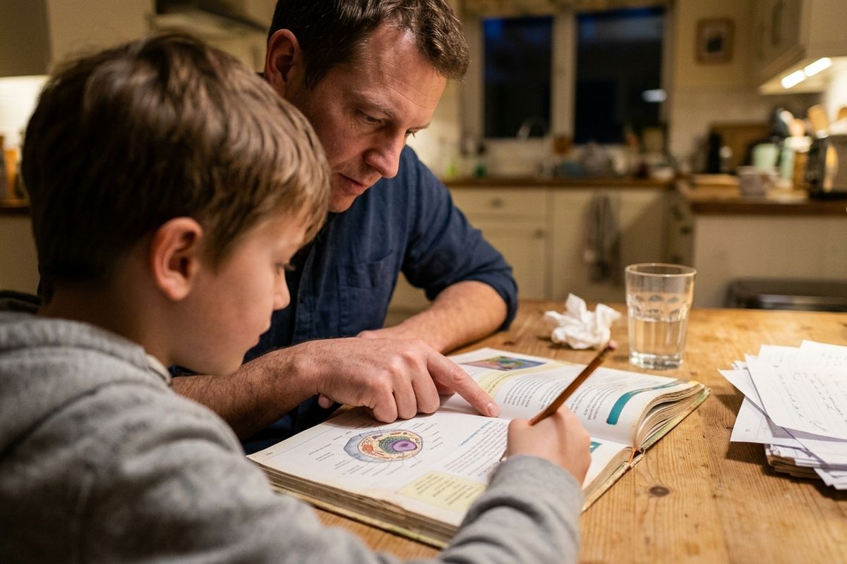 Parent and fourth grader at the kitchen table reading a science chapter together, finger resting on a heading