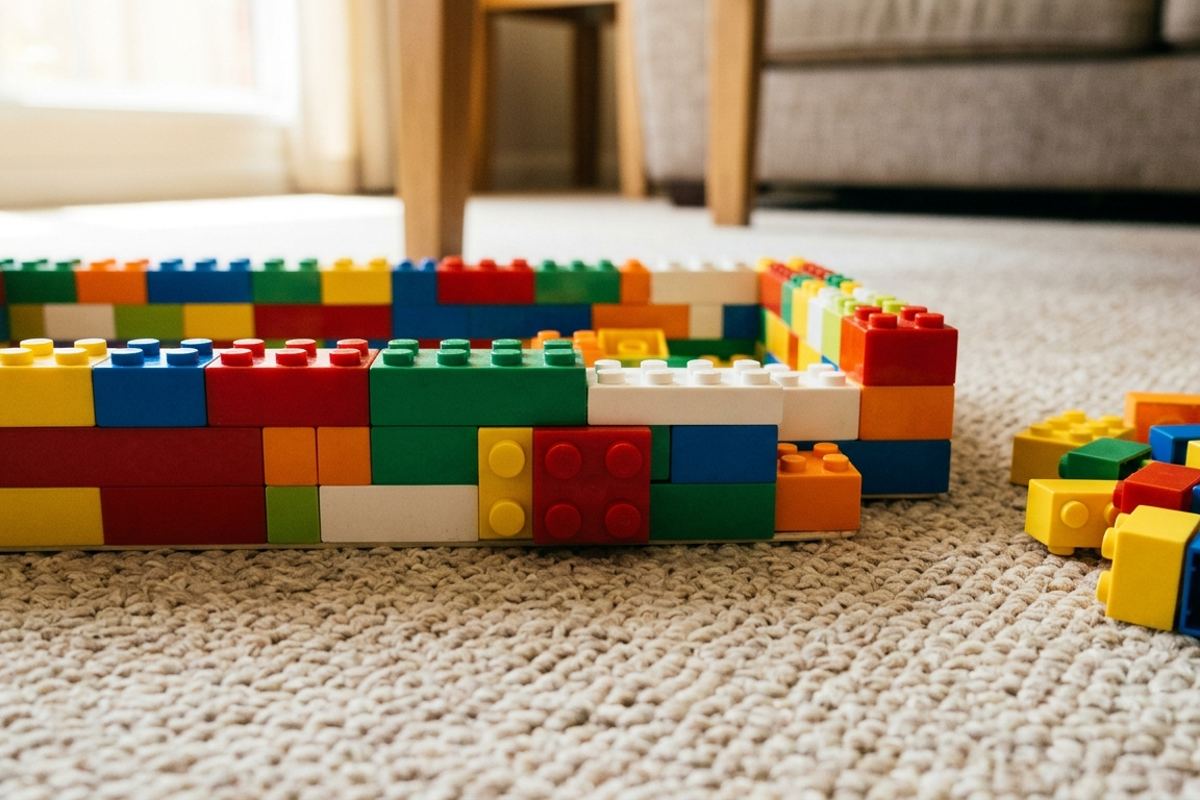 Building bricks arranged in halves and quarters on a living-room carpet