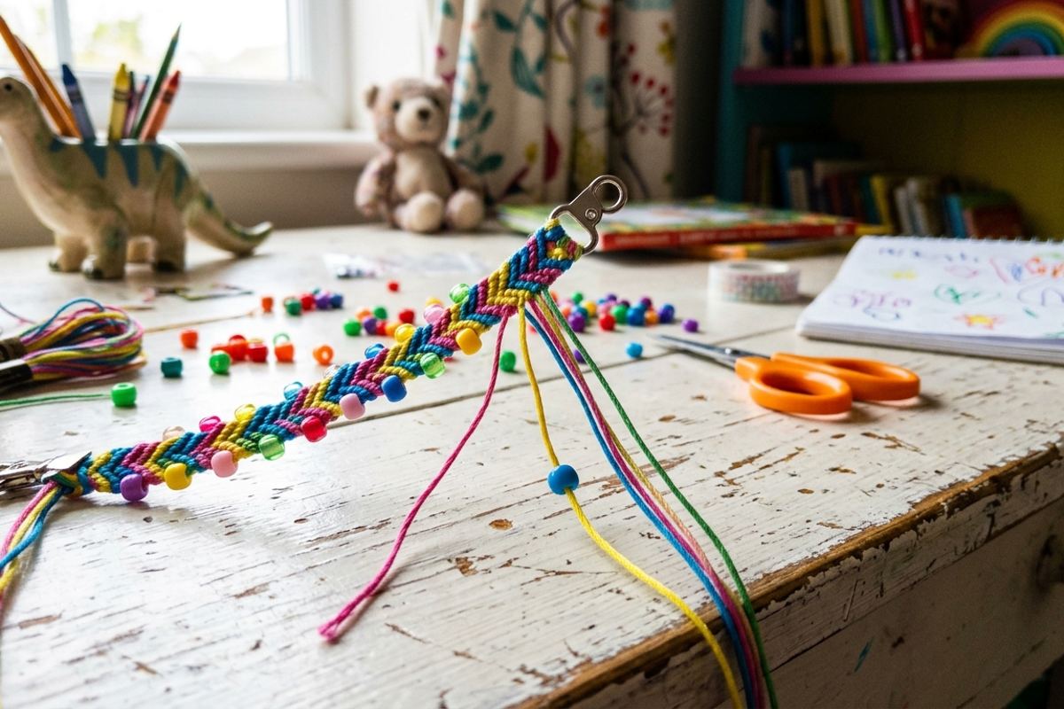 Half-finished friendship bracelet on a bedroom desk with thread and beads scattered