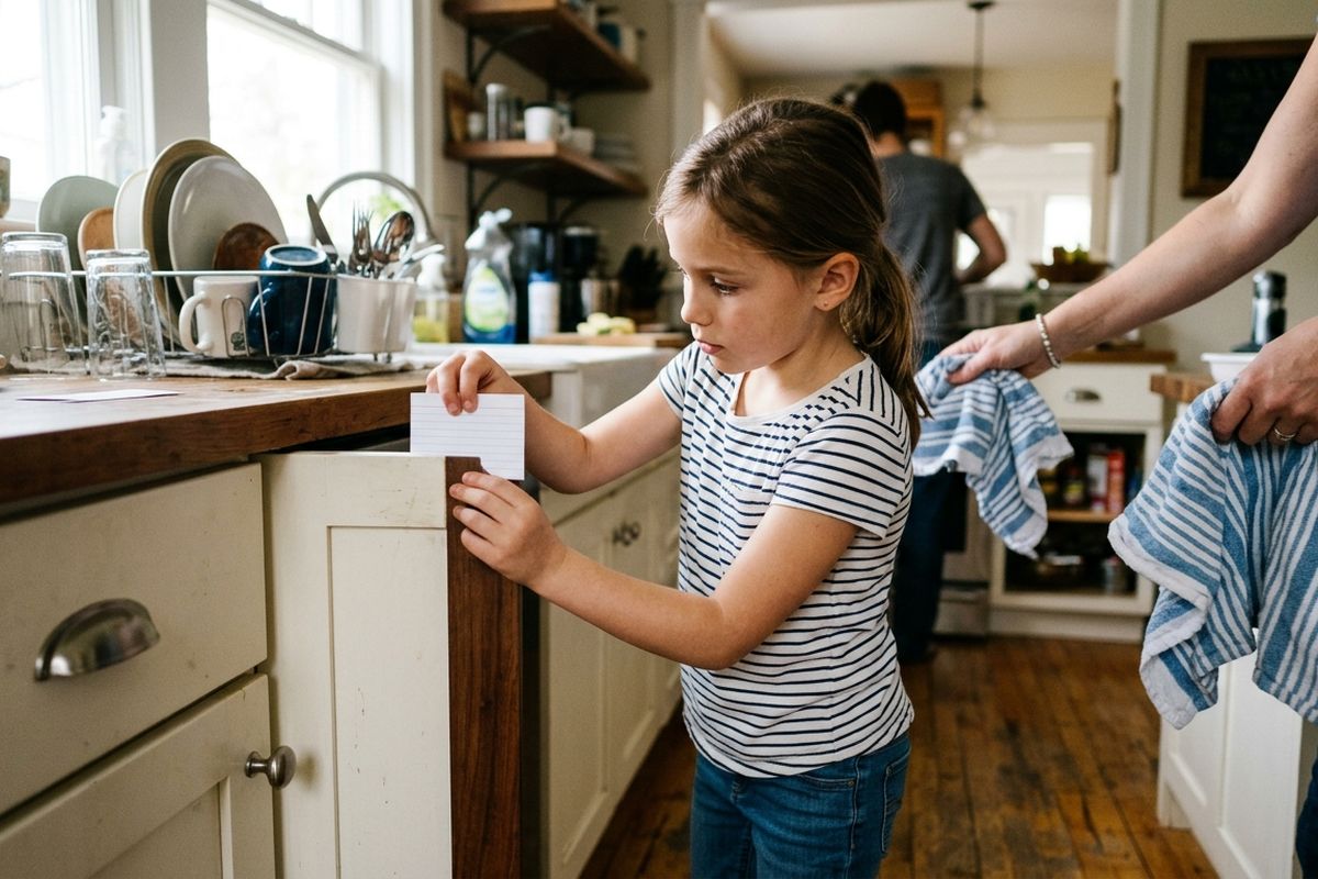 Child holding the cut corner of an index card against a kitchen cabinet corner to test for a right angle