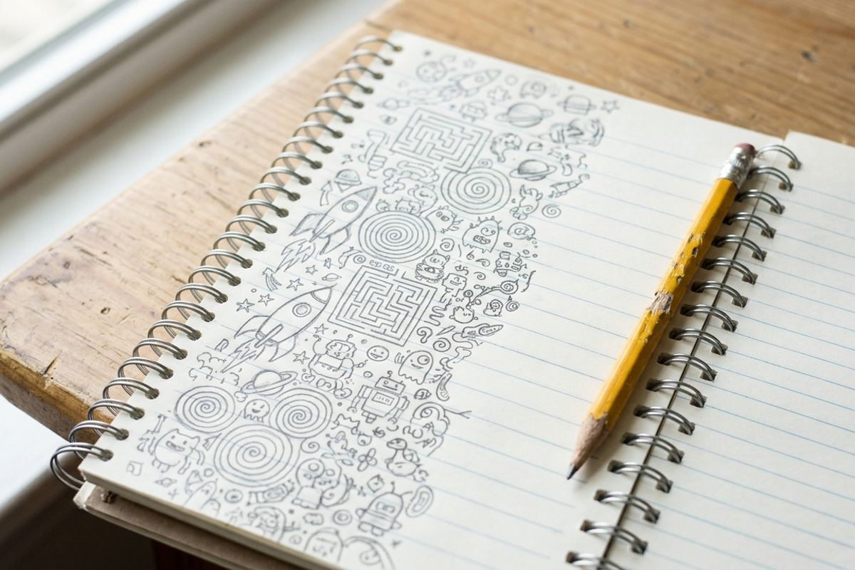 Notebook margins filled with tiny doodles and drawings, pencil resting on the page