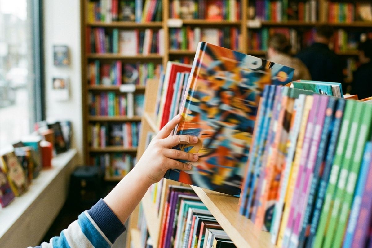 Kid's hand reaching for a colorful graphic novel on a bookstore display