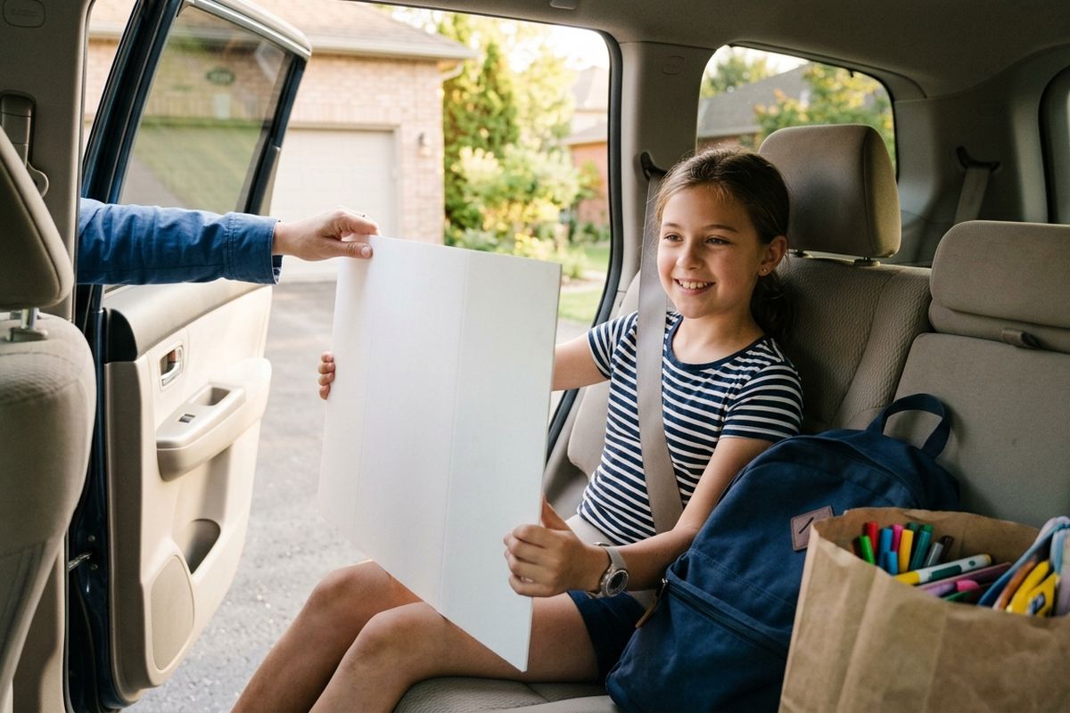 Ten-year-old in the back seat of an SUV balancing a tri-fold poster board on their lap while a parent steadies it