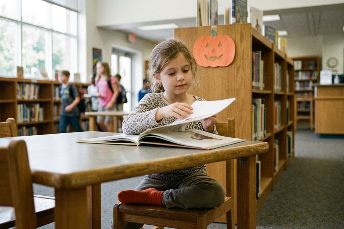 Girl in regular clothes and orange socks reading a picture book alone at a school library table during the Halloween parade