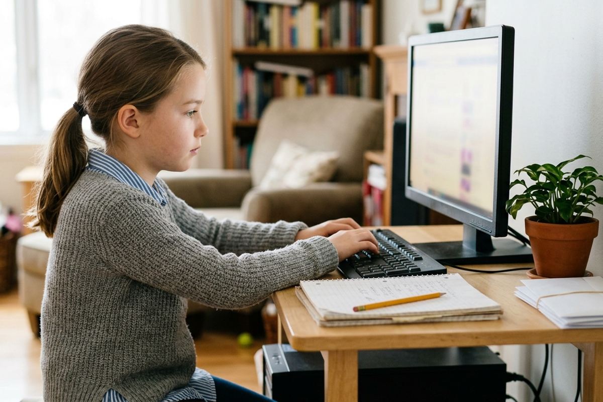 Kid typing at a family computer with an open notebook beside the keyboard