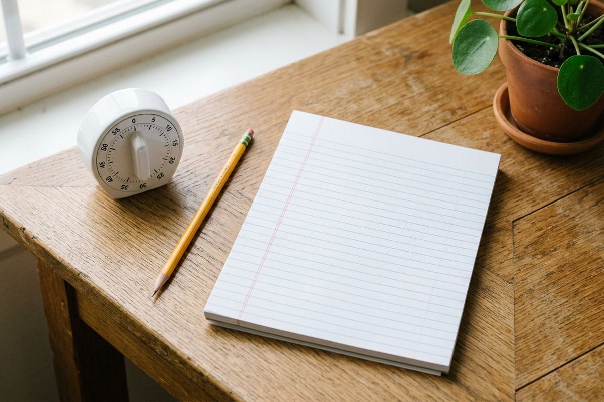 Child doing homework at a cleared kitchen table with a small cup of pencils