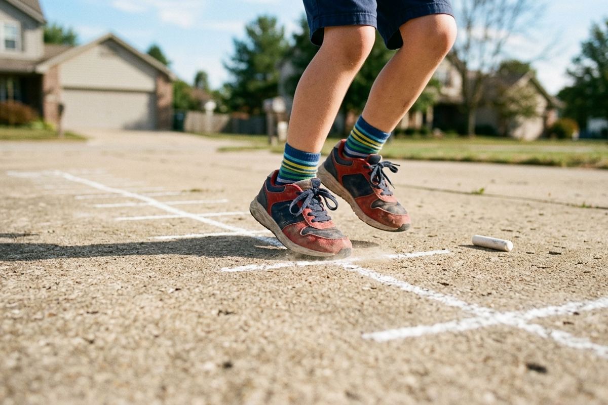Chalk number line on a driveway with a child's sneakers mid-hop