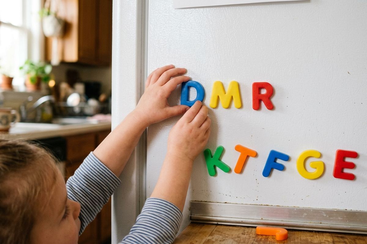 Child pointing at the letters in an early reader book at the kitchen table